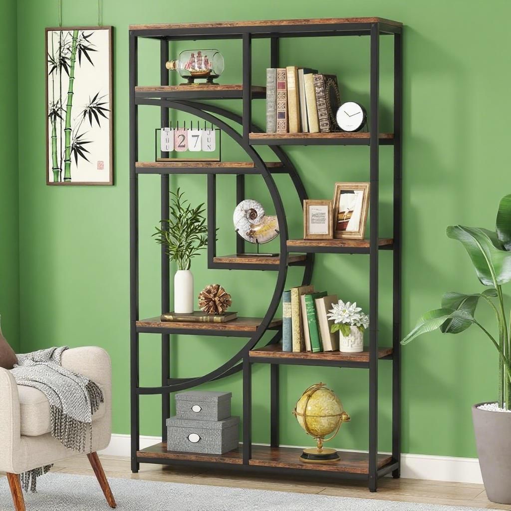Elegant Geometric Bookshelf with Half-Moon Silhouette, Black and Rustic Brown, 9 Open Shelves