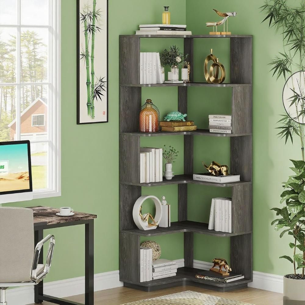 L-Shaped Corner Bookshelf with 6 Open Tiers – Industrial Style for Home Office