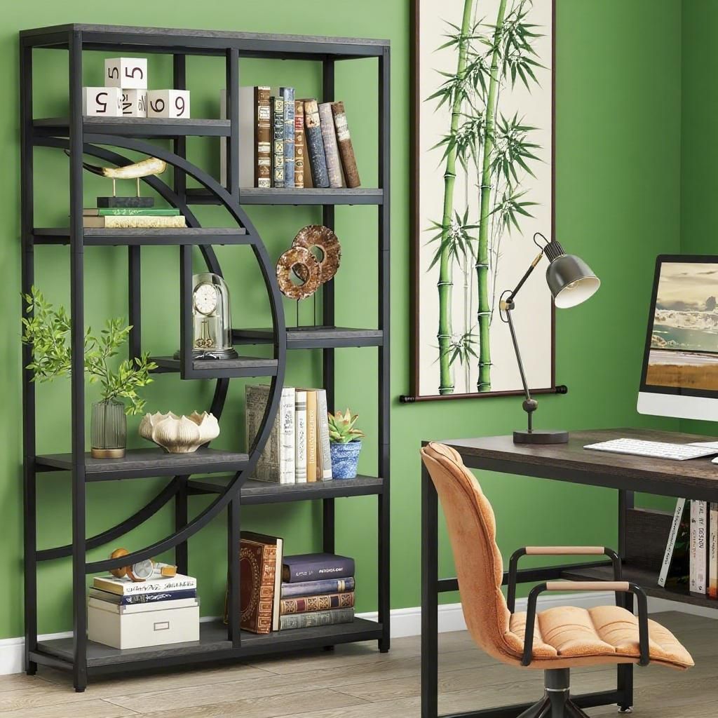 Geometric Half-Moon Bookshelf with Rustic Charm