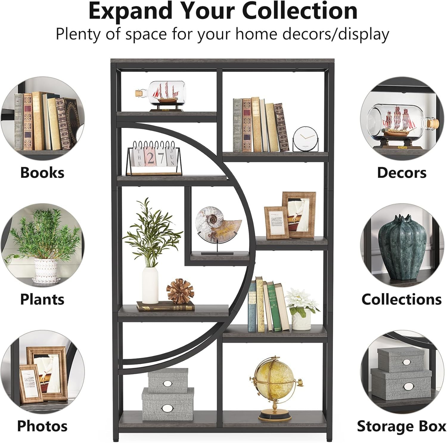 Geometric Half-Moon Bookshelf with Rustic Charm