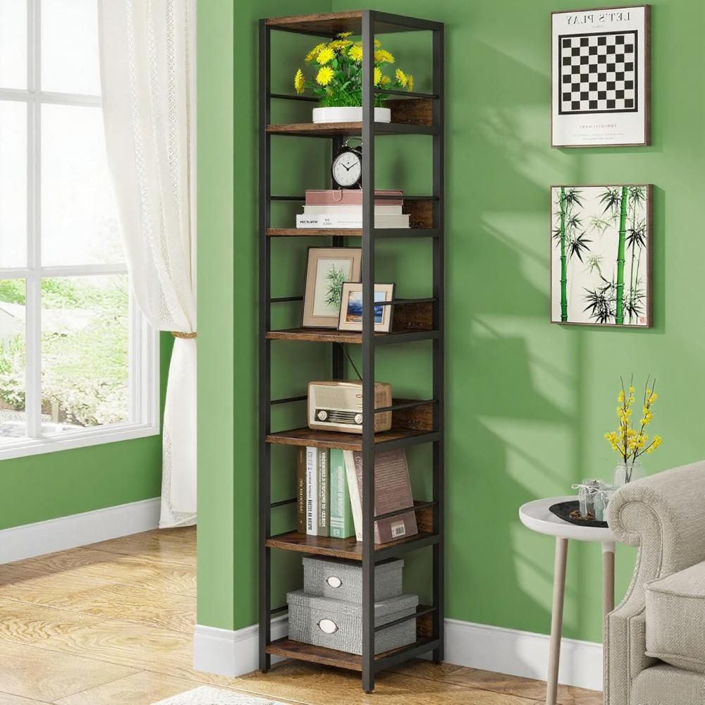 Corner Bookshelf with 6 Tiers and Protective Fences