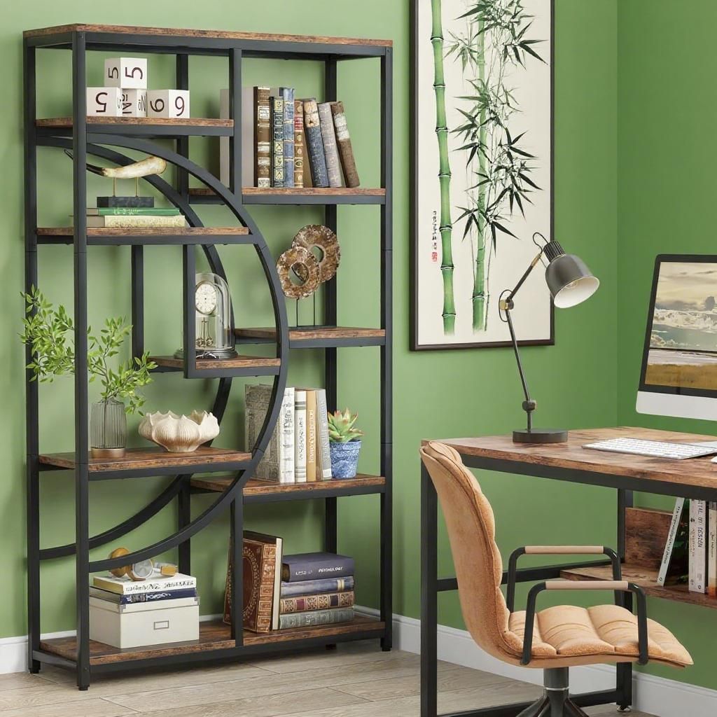 Elegant Geometric Bookshelf with Half-Moon Silhouette, Black and Rustic Brown, 9 Open Shelves