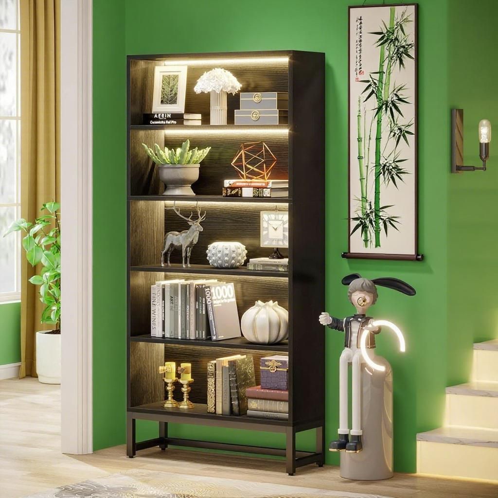 5-Tier Tall Bookshelf with LED Lighting and practical Metal Frame