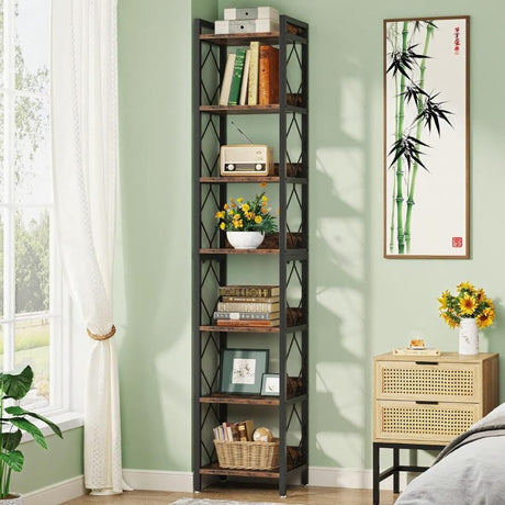 Tall Corner Bookshelf with 7 Tiers and Anti-Falling Baffle