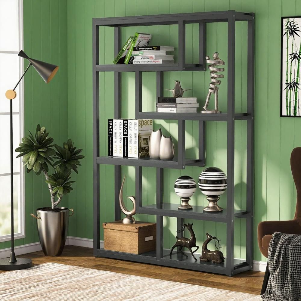 Industrial 6-Tier Bookshelf with Dark Walnut Shelves and Black Steel Frame
