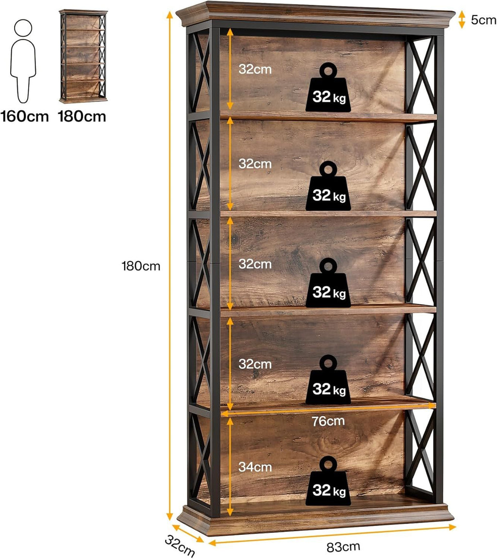 Industrial Five-Tier X-Frame Bookcase
