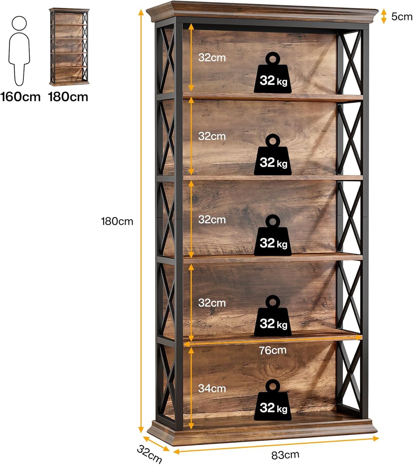 Industrial Five-Tier X-Frame Bookcase