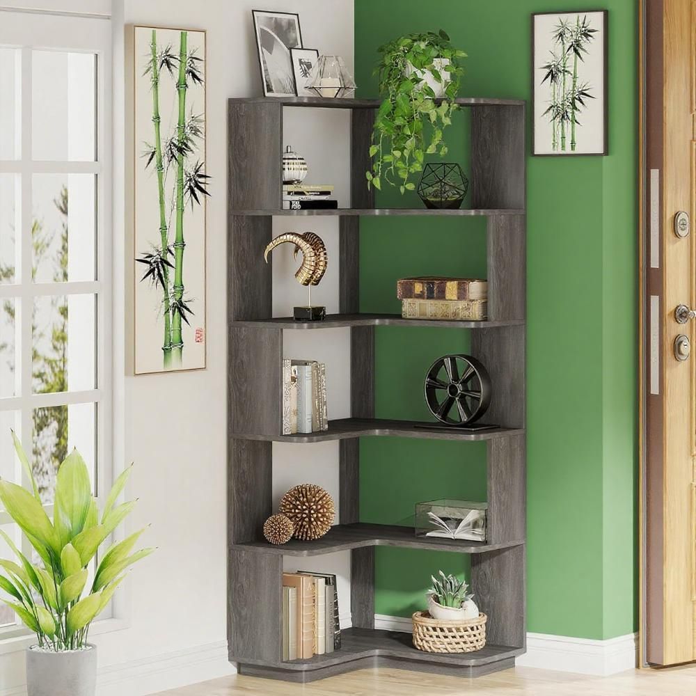 L-Shaped Corner Bookshelf with 6 Open Tiers – Industrial Style for Home Office