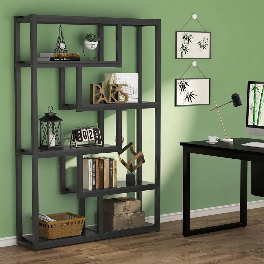 Industrial 6-Tier Bookshelf with Dark Walnut Shelves and Black Steel Frame