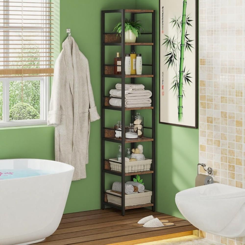 Corner Bookshelf with 6 Tiers and Protective Fences