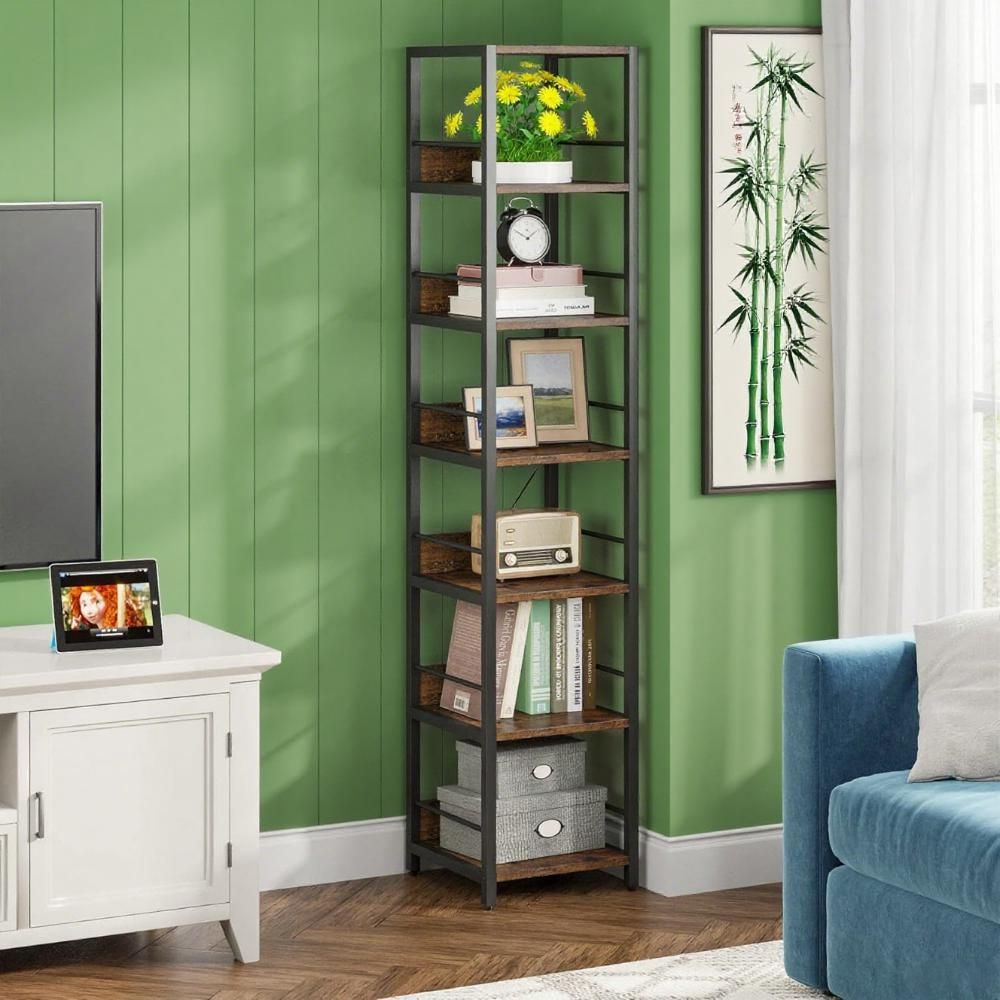 Corner Bookshelf with 6 Tiers and Protective Fences
