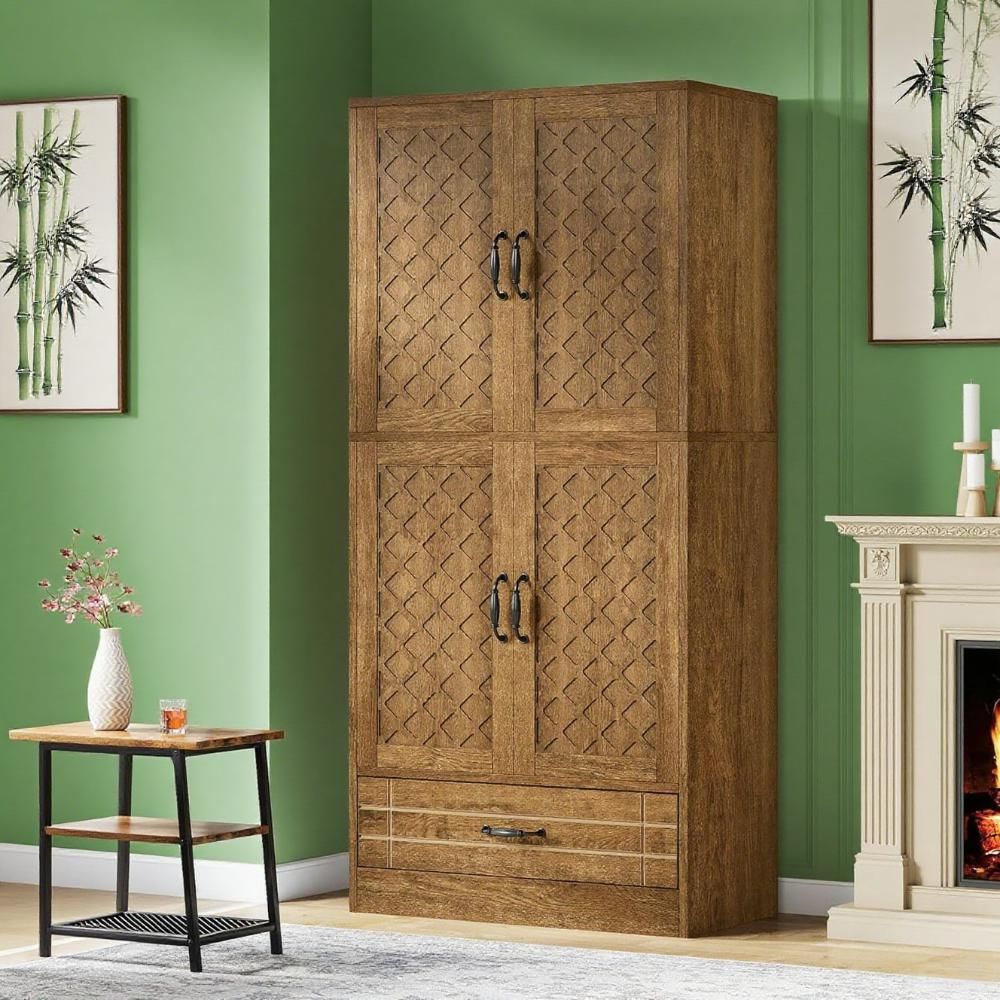 Tall Bookcase with Carved Door Cabinets and Drawer