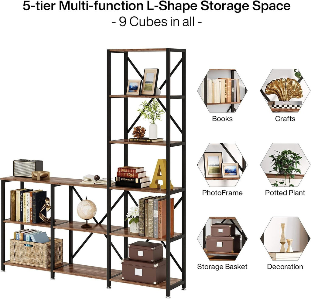 5-Tier L-Shaped Bookshelf for Versatile Storage and Display