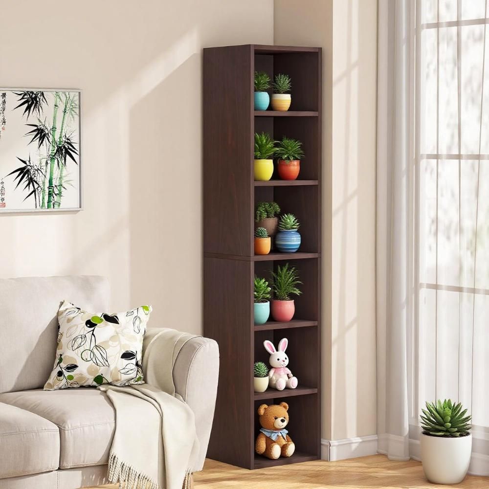 Slim Tall Bookshelf with 6 Open Shelves for Compact Spaces