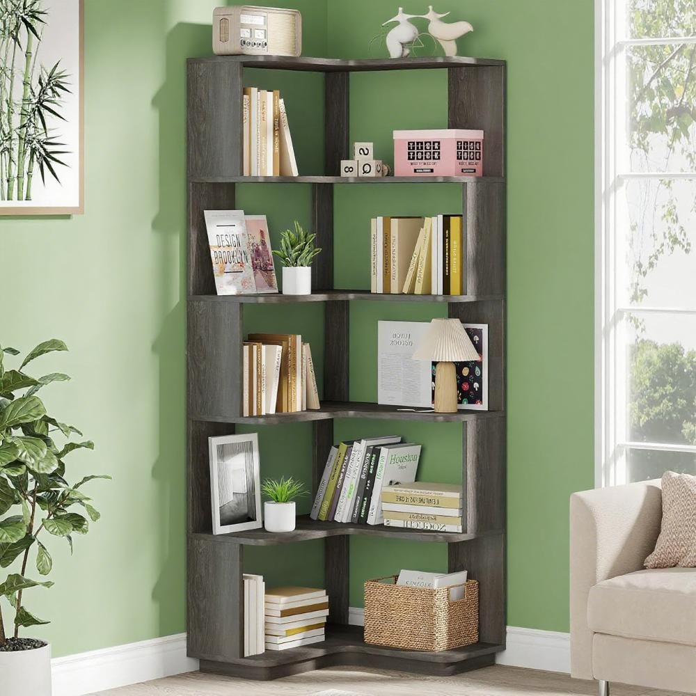 L-Shaped Corner Bookshelf with 6 Open Tiers – Industrial Style for Home Office
