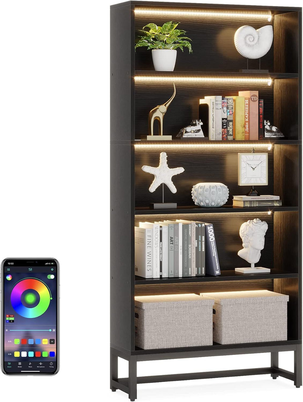 5-Tier Tall Bookshelf with LED Lighting and practical Metal Frame