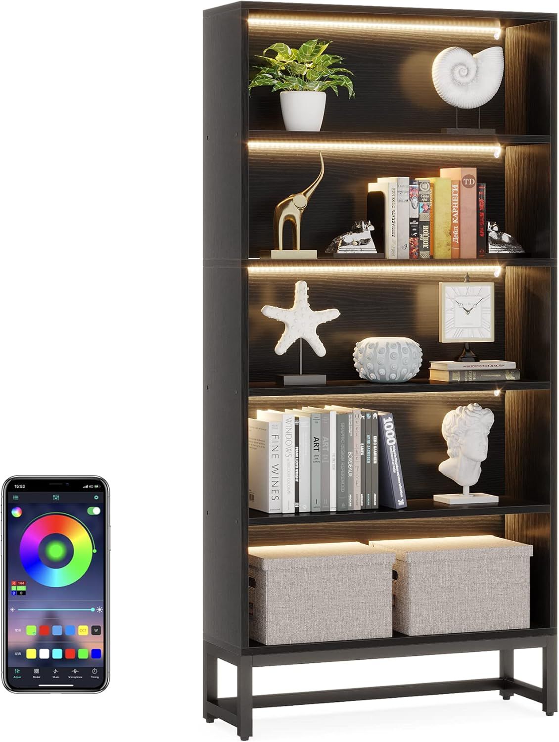 5-Tier Tall Bookshelf with LED Lighting and practical Metal Frame