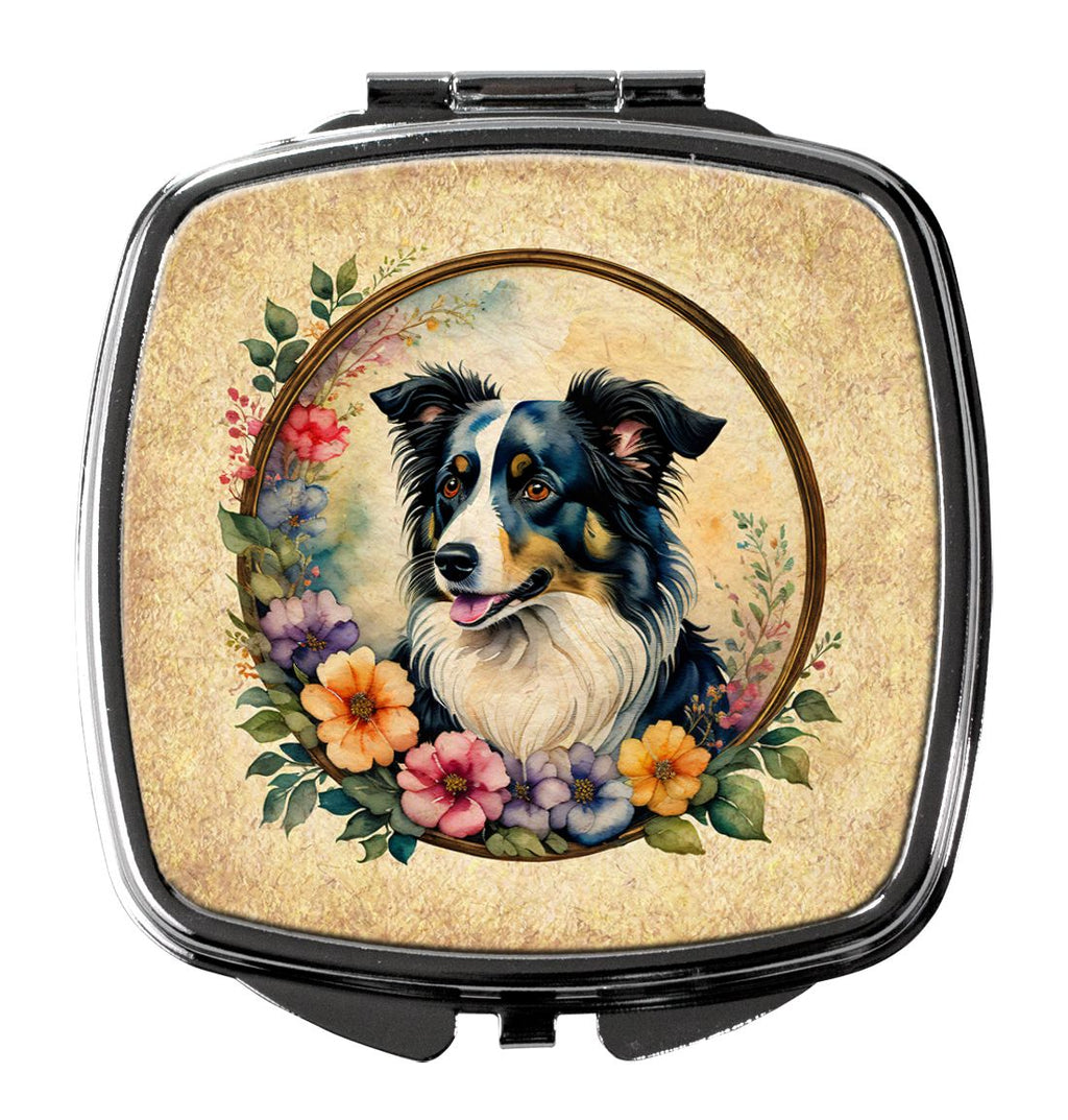 Border Collie and Flowers Compact Mirror
