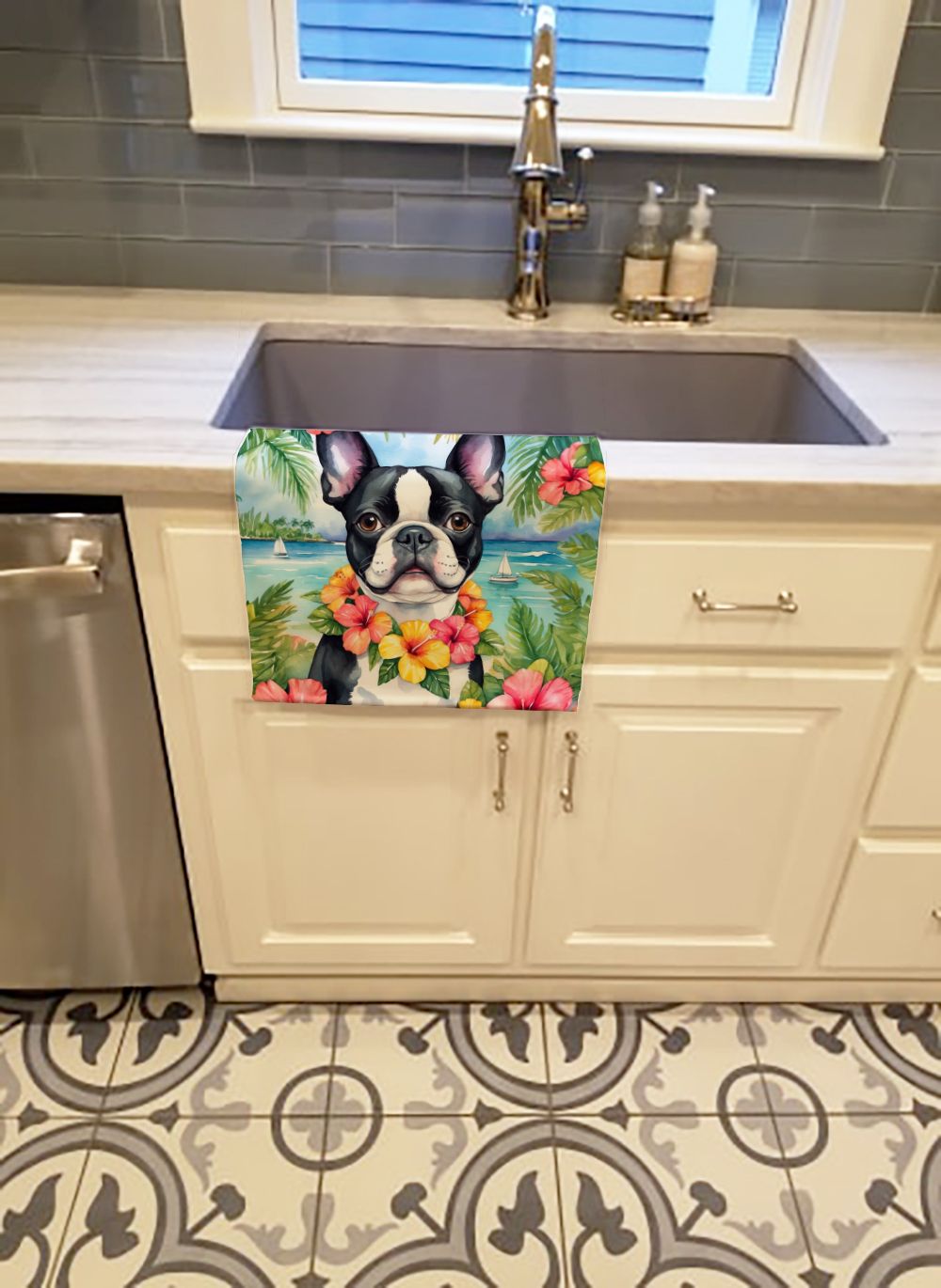 Boston Terrier Luau Dual-Sided Kitchen Towel