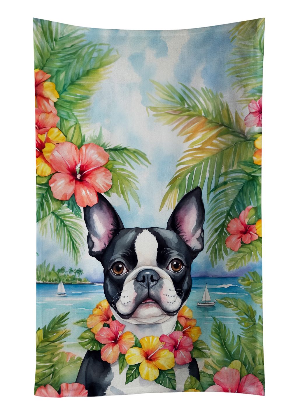 Boston Terrier Luau Dual-Sided Kitchen Towel