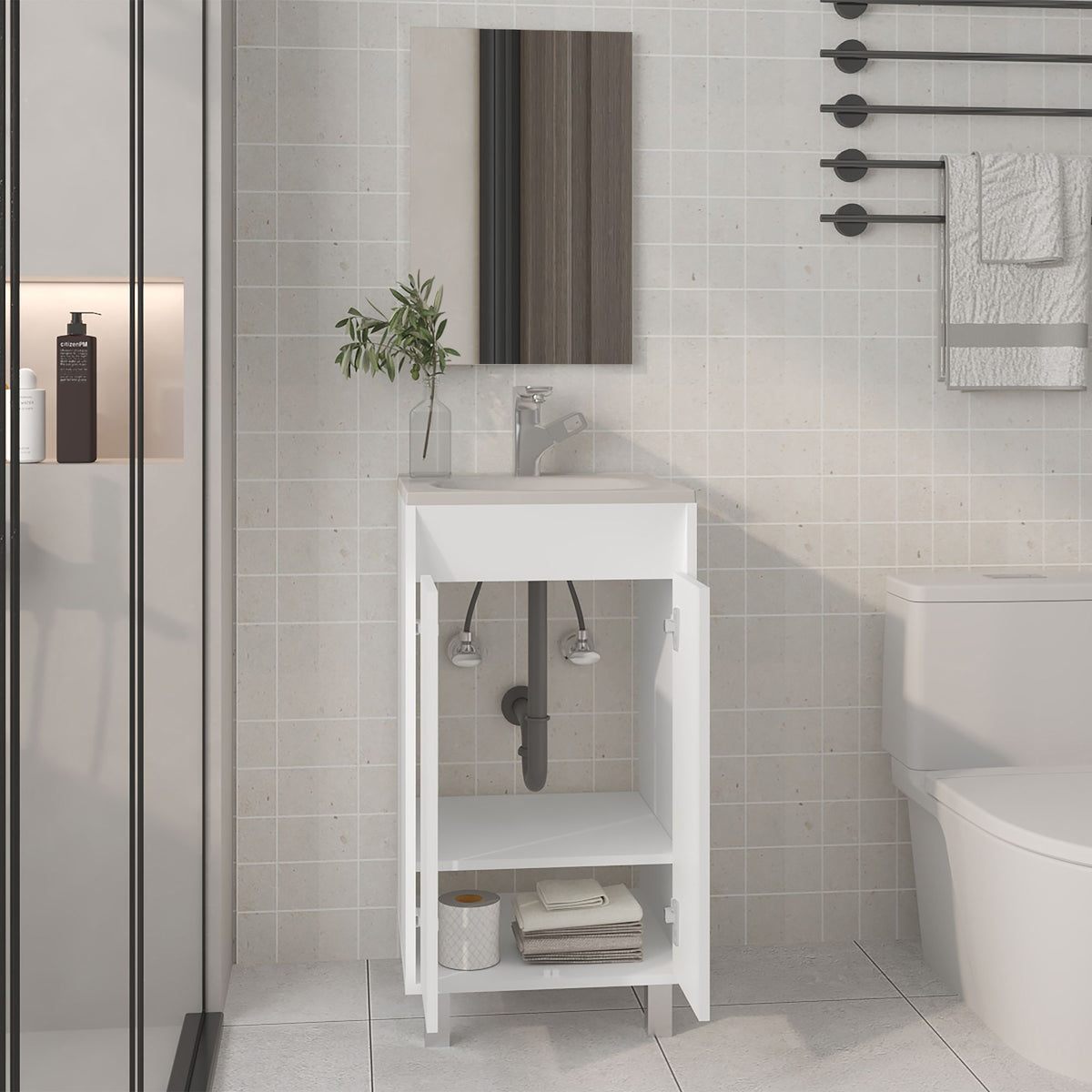 Brady Mirror Bathroom Cabinet, One Door, Two Shelves, White