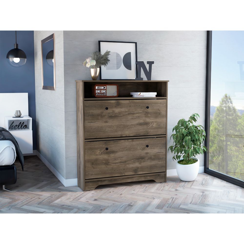Brandford Shoe Rack with Superior Top and Two Shelves, Light Oak/White - Dark Brown