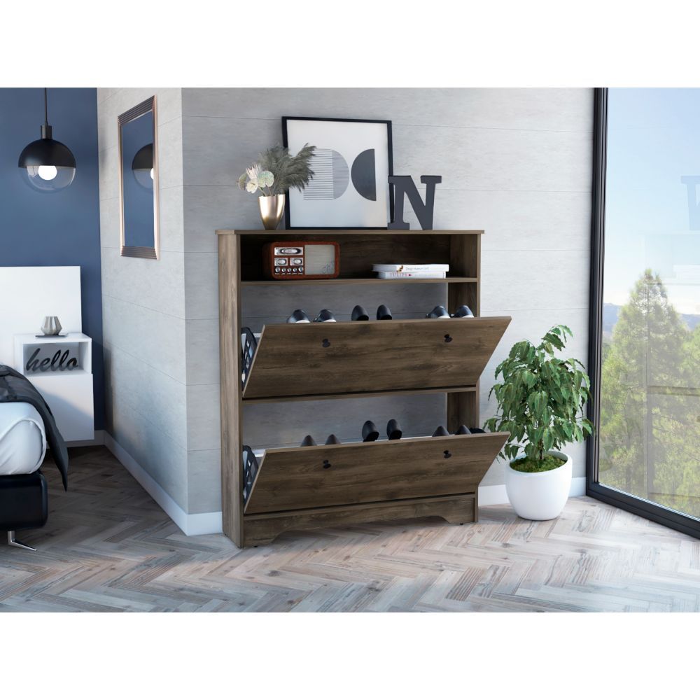 Brandford Shoe Rack with Superior Top and Two Shelves, Light Oak/White