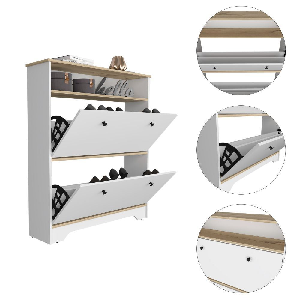 Brandford Shoe Rack with Superior Top and Two Shelves, Light Oak/White