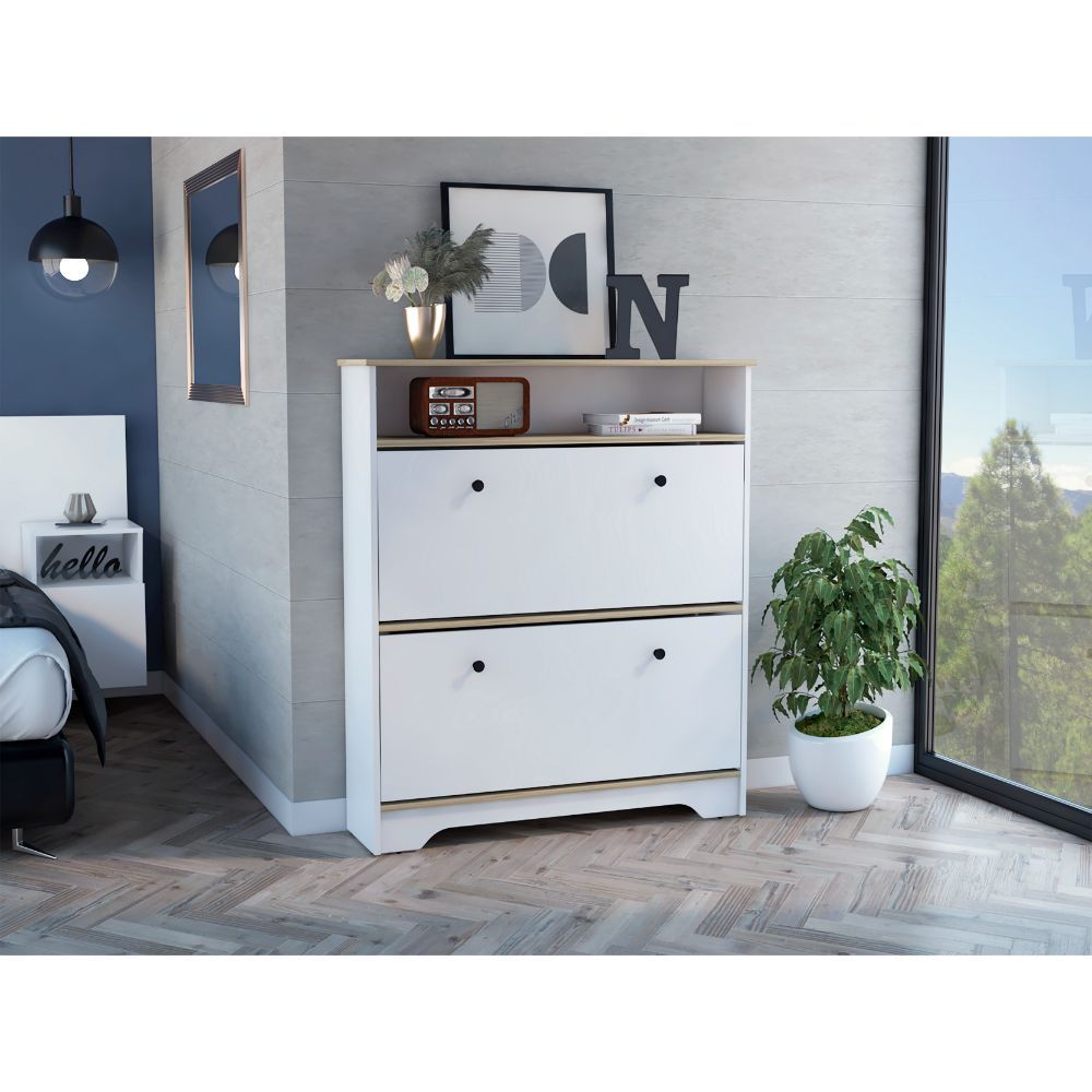 Brandford Shoe Rack with Superior Top and Two Shelves, Light Oak/White - Light Oak / White