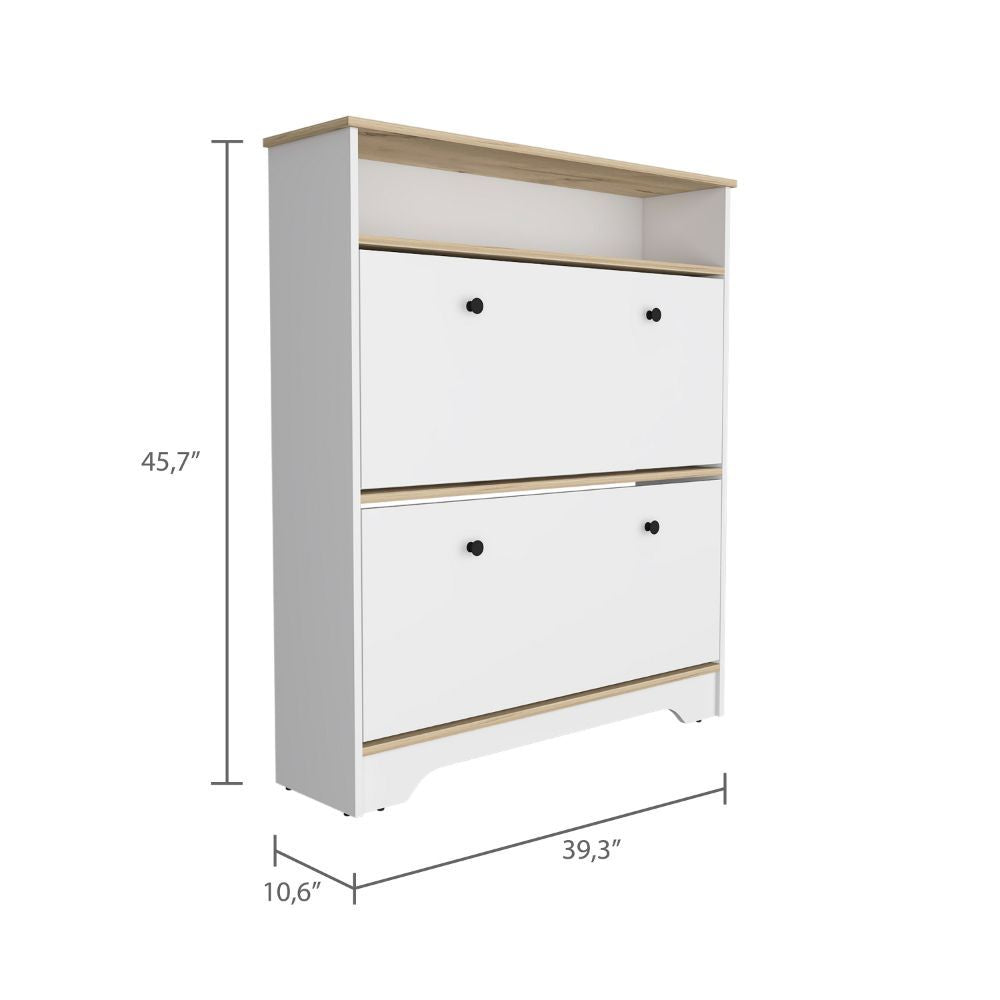 Brandford Shoe Rack with Superior Top and Two Shelves, Light Oak/White