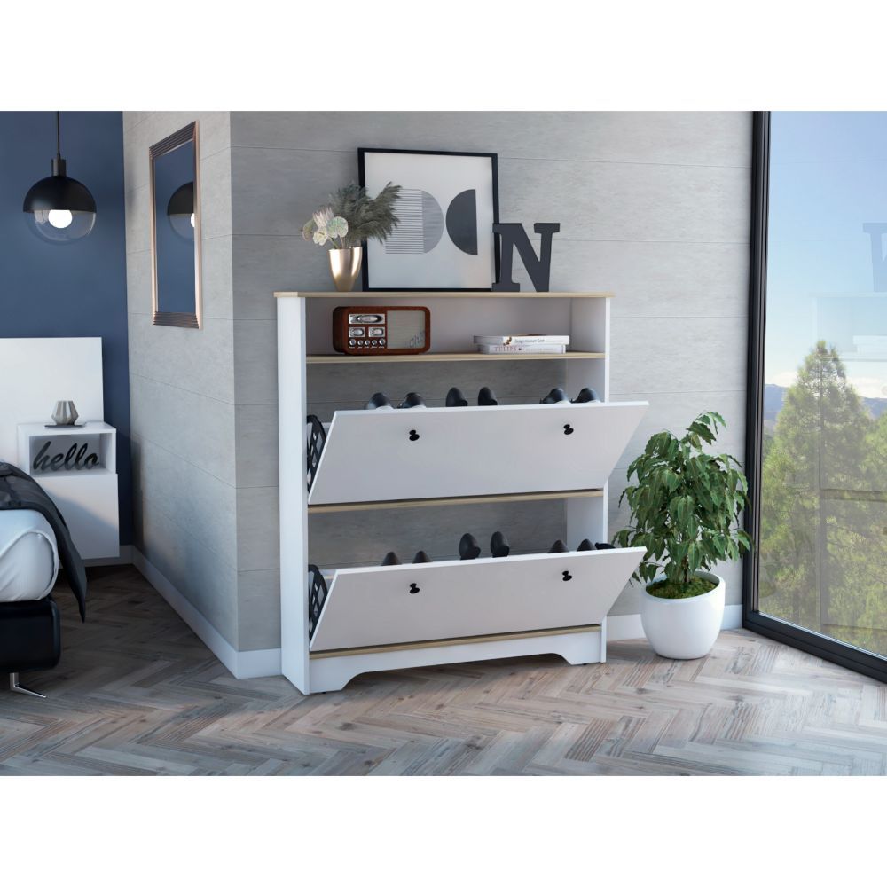 Brandford Shoe Rack with Superior Top and Two Shelves, Light Oak/White