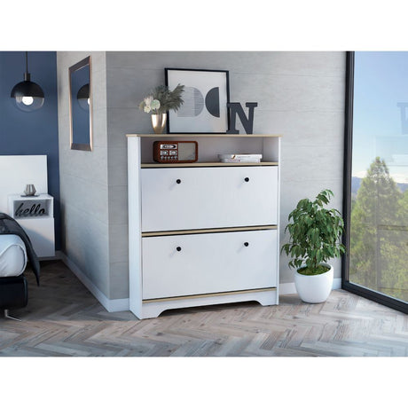 Brandford Shoe Rack with Superior Top and Two Shelves, Light Oak/White