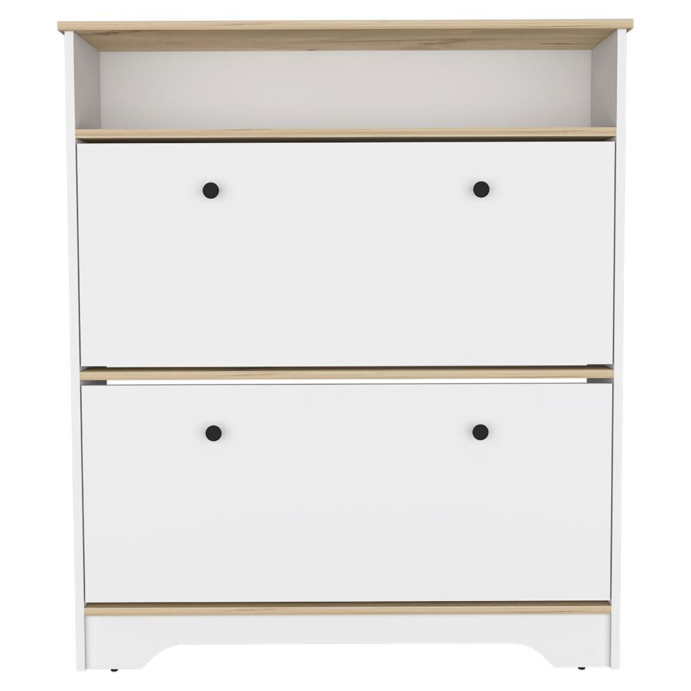 Brandford Shoe Rack with Superior Top and Two Shelves, Light Oak/White