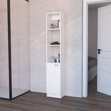 Stylish White Linen Cabinet with Hidden and Open Shelves