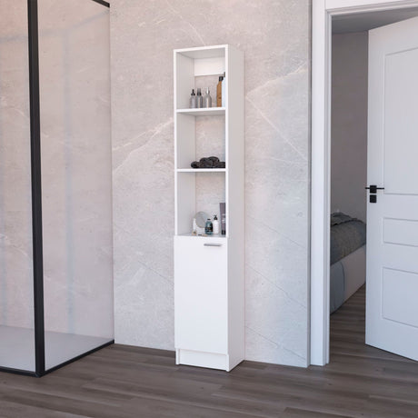 Stylish White Linen Cabinet with Hidden and Open Shelves