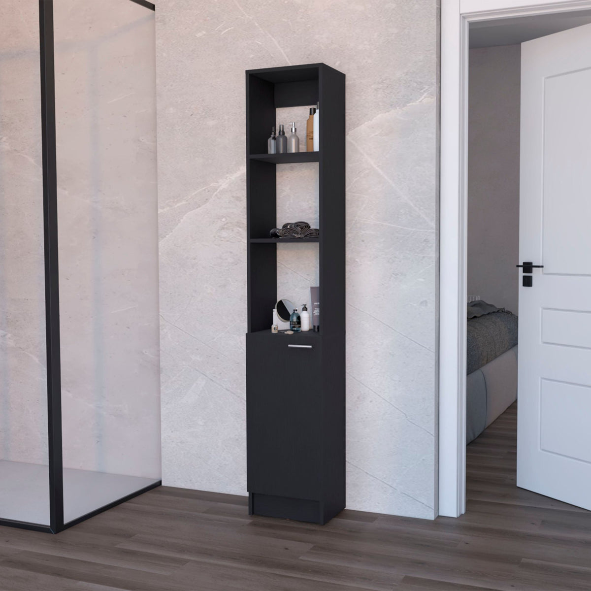 Stylish White Linen Cabinet with Hidden and Open Shelves - Black