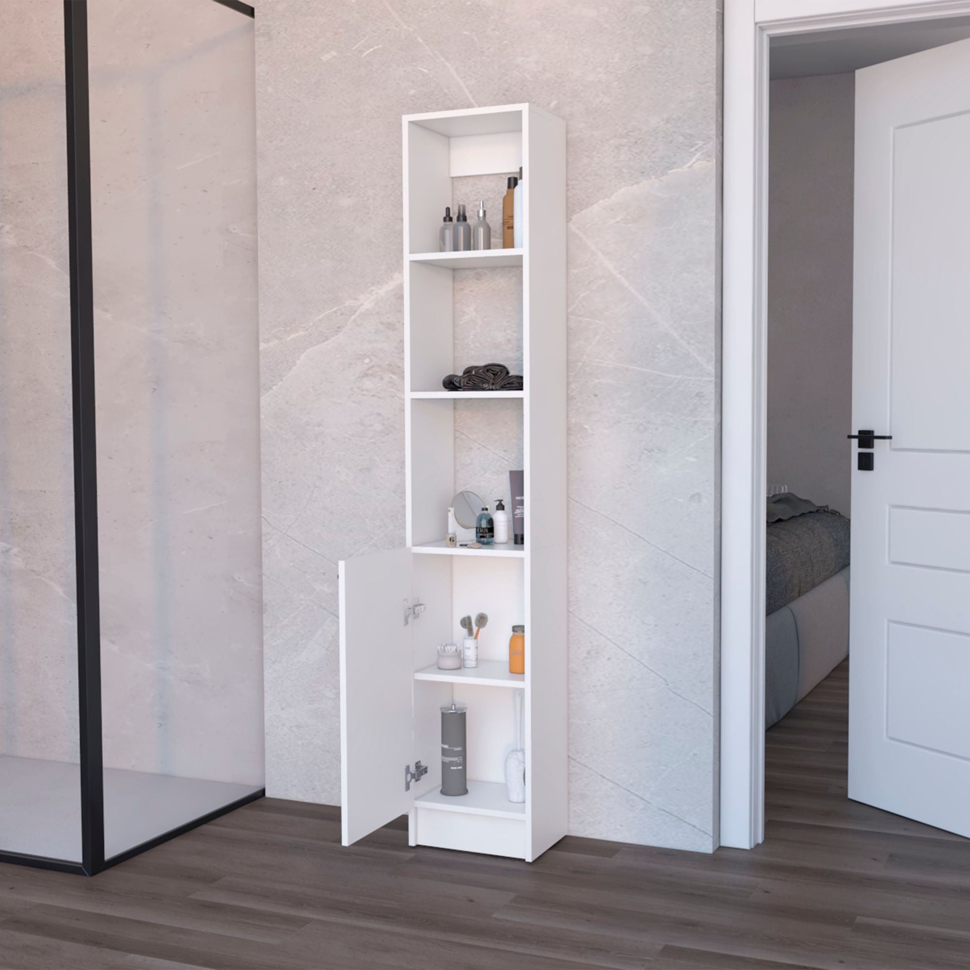 Stylish White Linen Cabinet with Hidden and Open Shelves