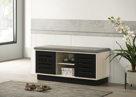 Brett Shoe Cabinet with Sliding Doors and Upholstered Top