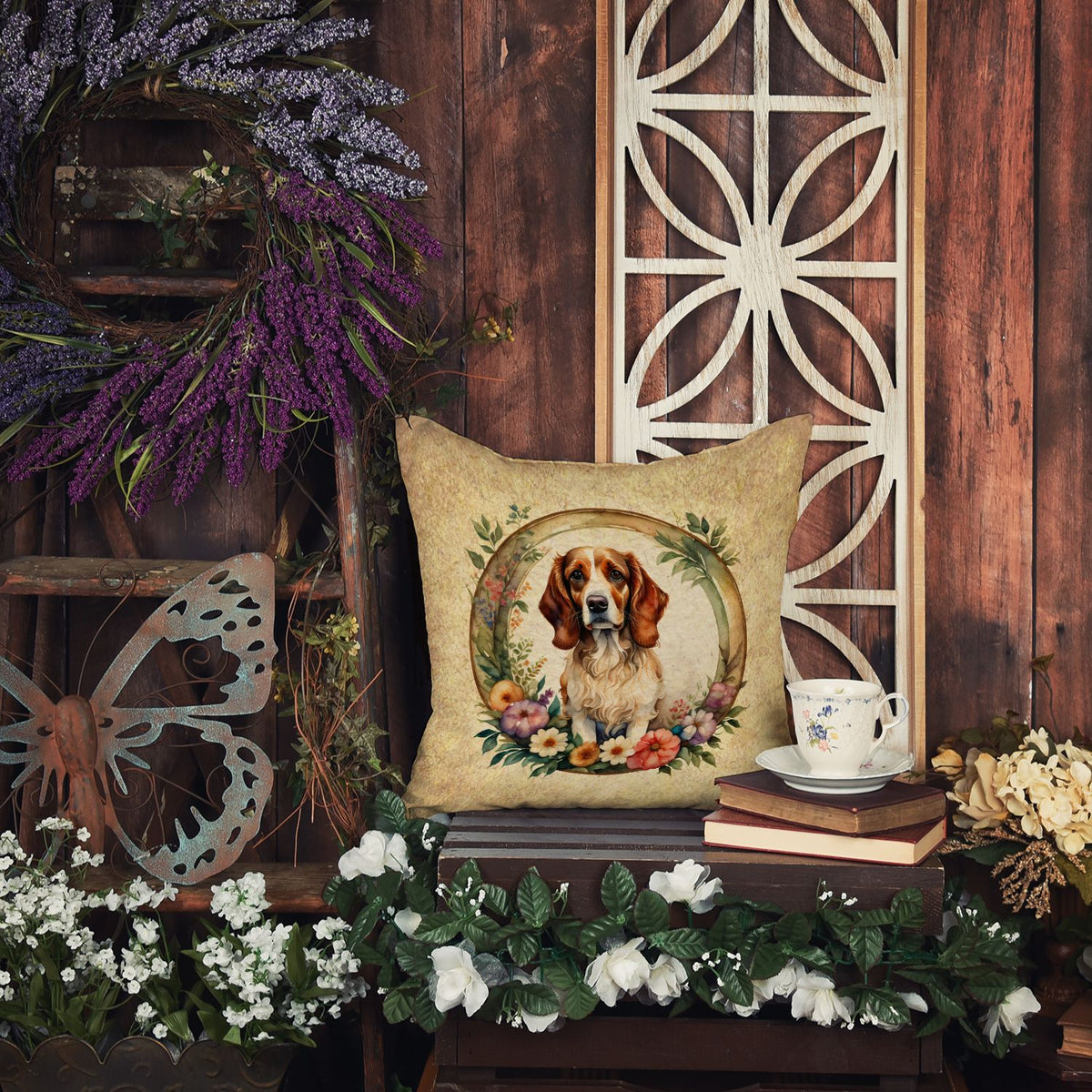 Brittany Spaniel and Flowers Decorative Accent Pillow