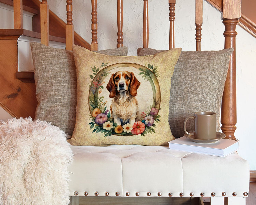 Brittany Spaniel and Flowers Decorative Accent Pillow