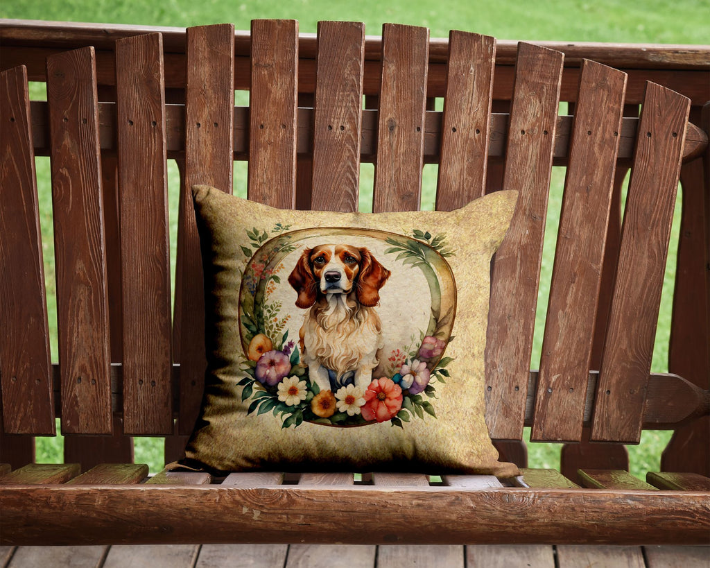Brittany Spaniel and Flowers Decorative Accent Pillow