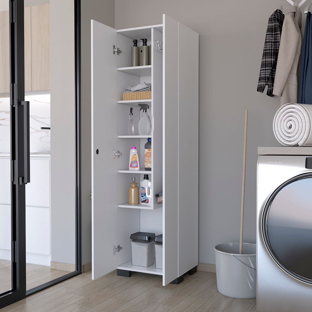 Slim White Broom Cabinet with Dual Doors and Built-In Hangers
