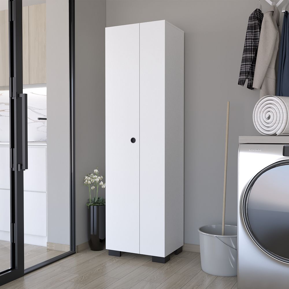 Slim Broom Cabinet with Double Doors and Side Hangers