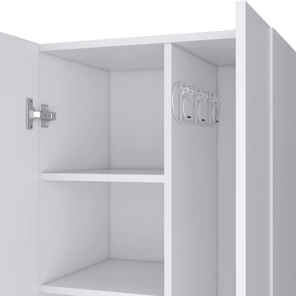 Slim White Broom Cabinet with Dual Doors and Built-In Hangers