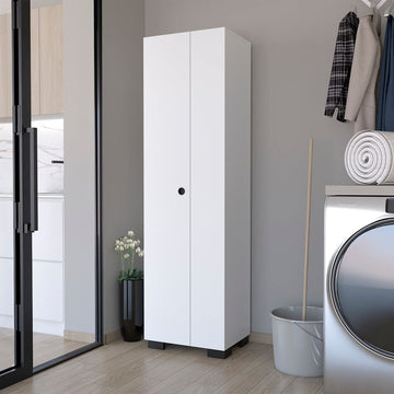 Slim White Broom Cabinet with Dual Doors and Built-In Hangers