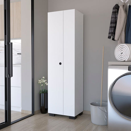 Slim White Broom Cabinet with Dual Doors and Built-In Hangers