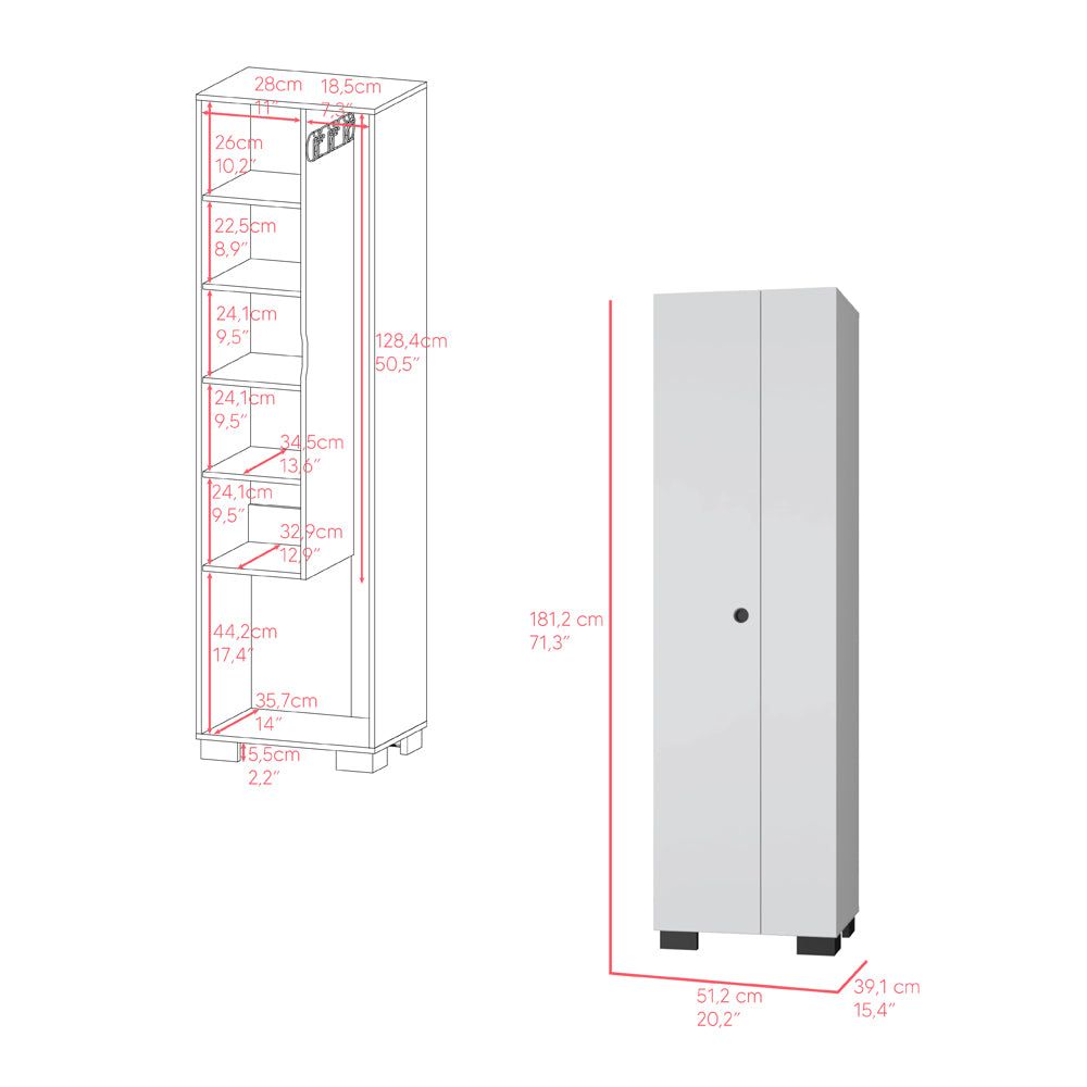 Slim White Broom Cabinet with Dual Doors and Built-In Hangers