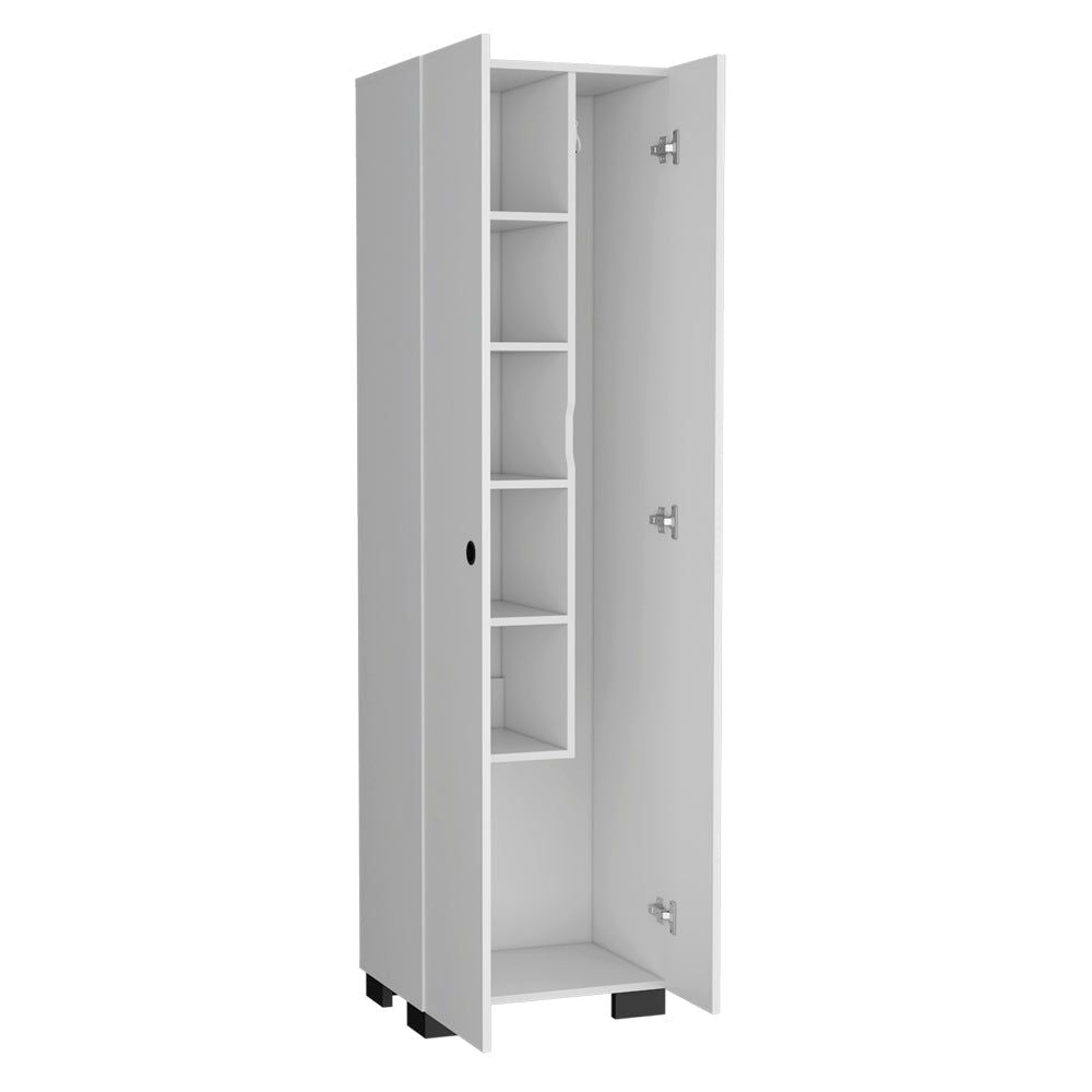 Slim White Broom Cabinet with Dual Doors and Built-In Hangers