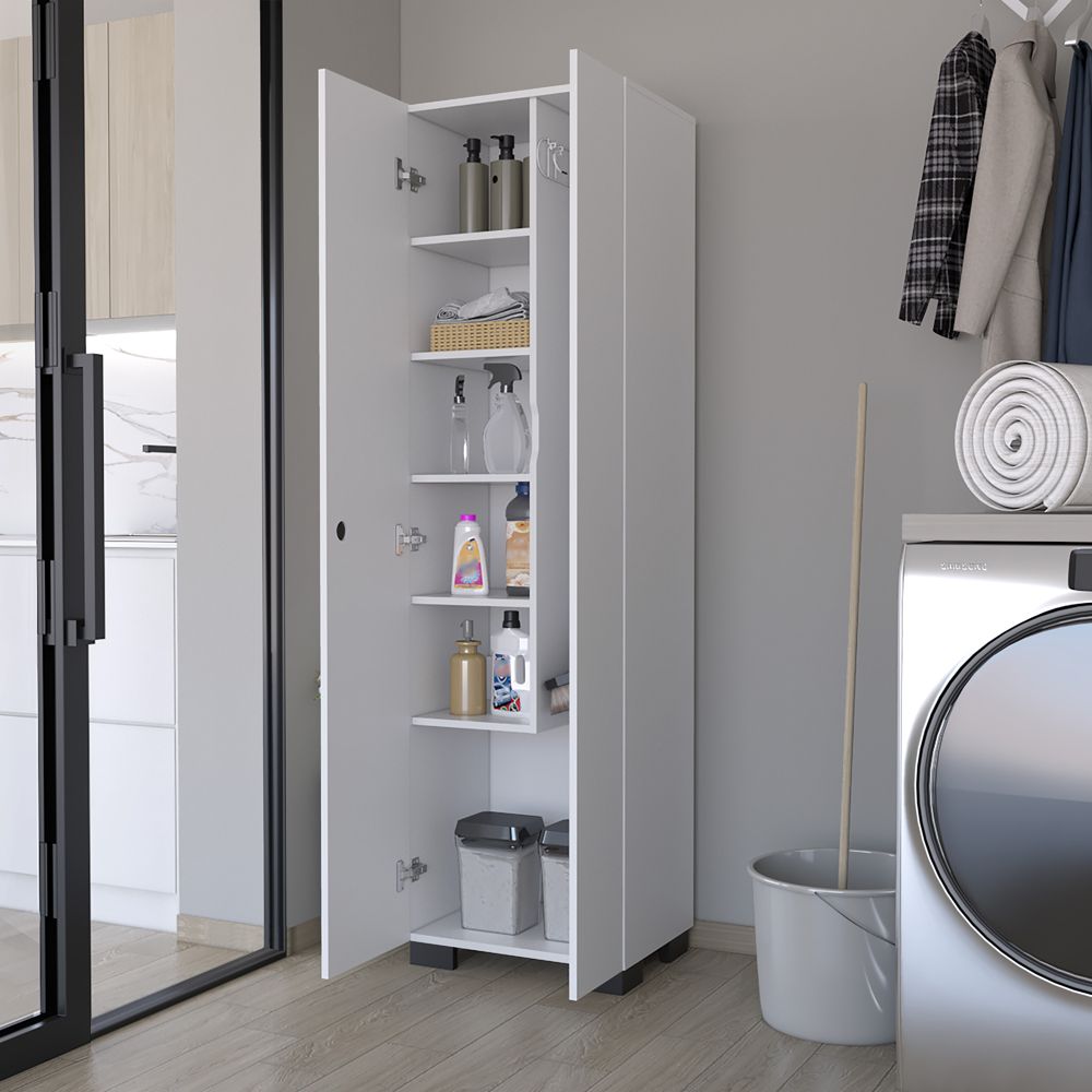 Slim Broom Cabinet with Double Doors and Side Hangers