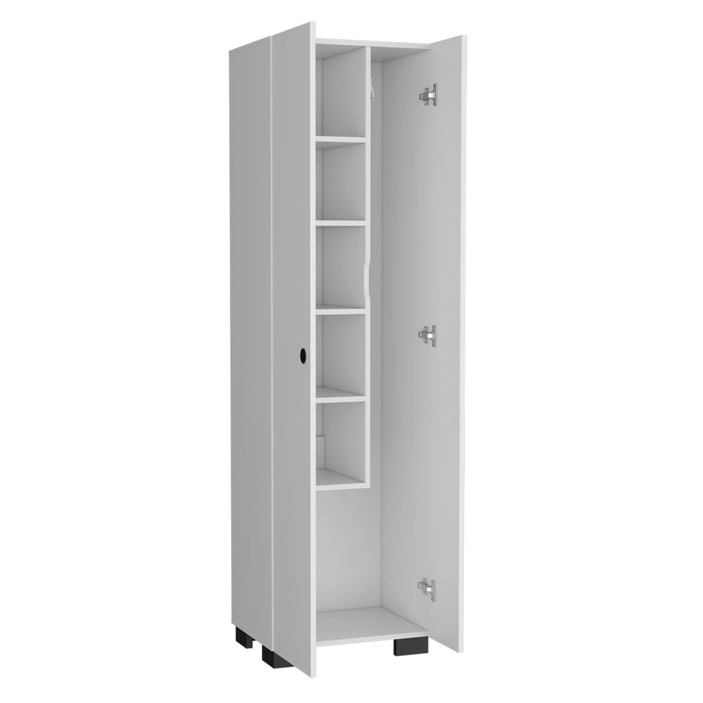 Slim Broom Cabinet with Double Doors and Side Hangers
